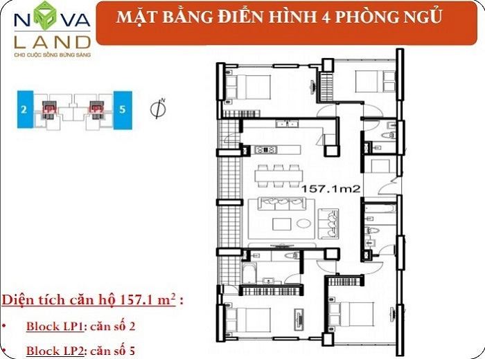 Mặt bằng căn hộ 4 phòng ngủ diện tích 157m2