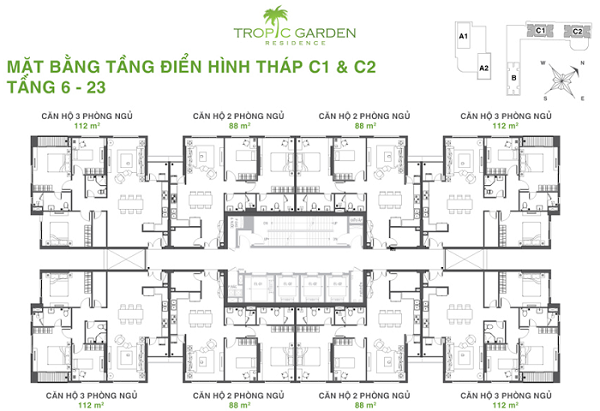 MẶT BẰNG TẦNG ĐIỂN HÌNH THÁP C1 – C2 TROPIC GARDEN